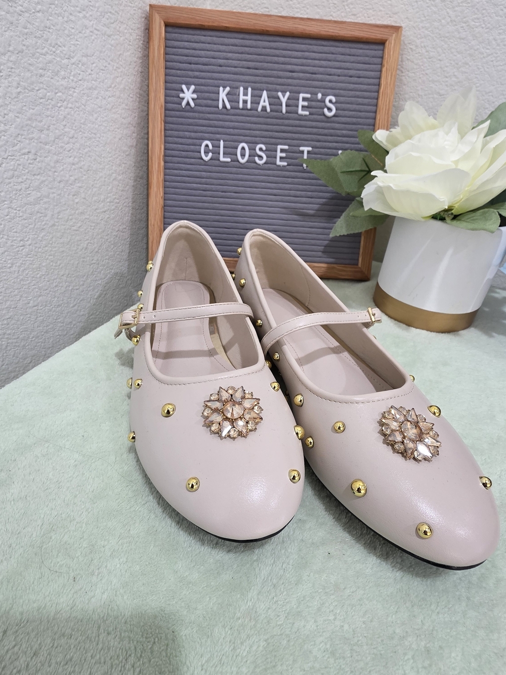 Embellished Mary Jane Flats in Pale Blush Cream